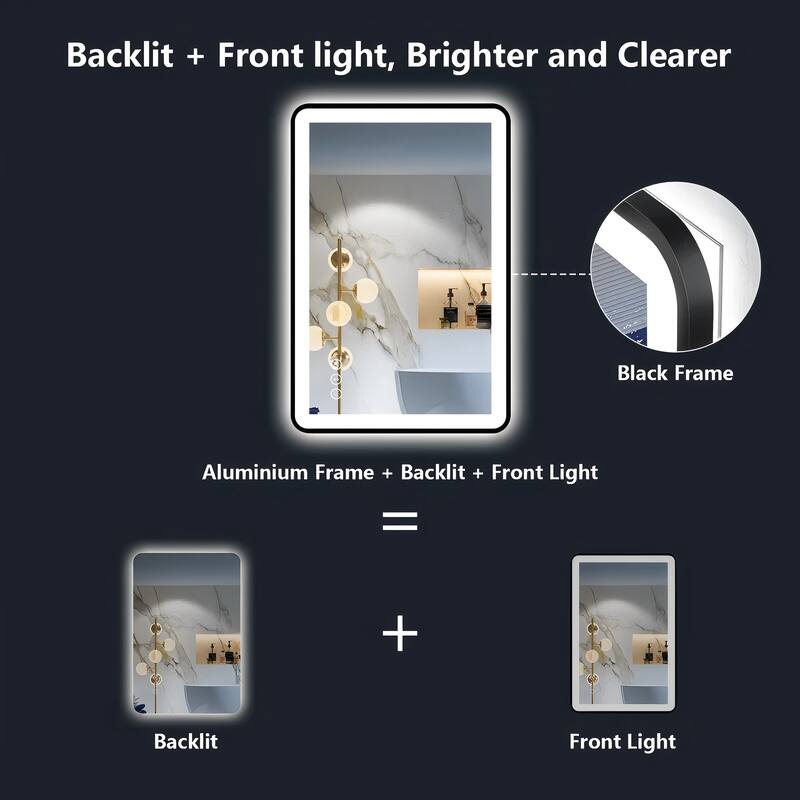 Framed Front & Back LED Lighted Anti-Fog Tempered Glass Wall Bathroom Vanity Mirror