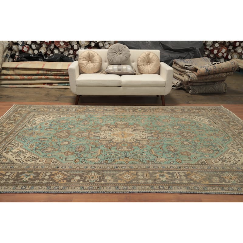 Hand Knotted Oriental 100% Wool Carpet Traditional Medallion Green Tabriz Area Rug - 11' 1'' X 7' 10''