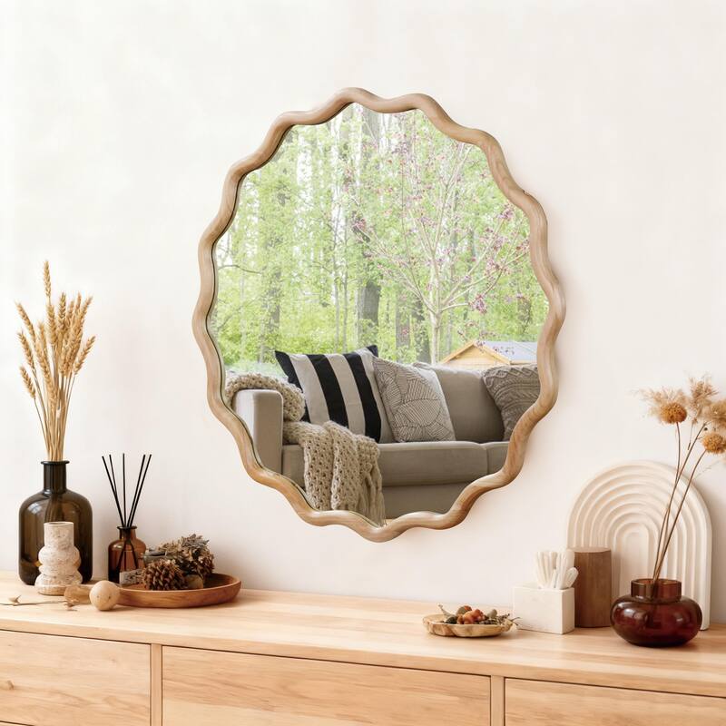 Natural Wood Wavy Round Solid Wood Decorative Mirror - Bedroom, Bathroom, Living Room - Natural Wood