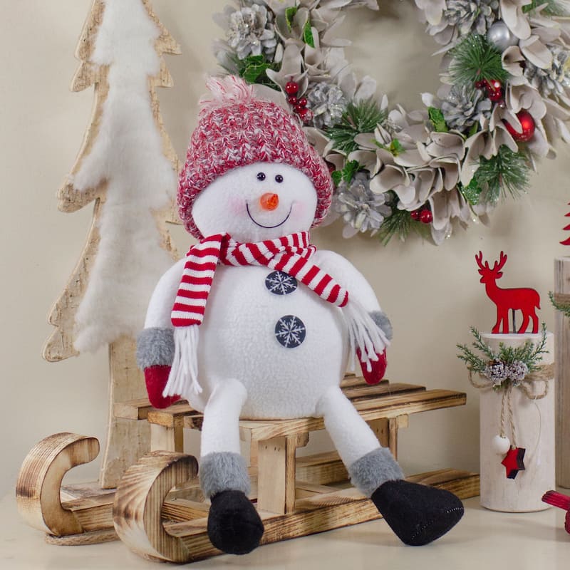 Sitting Winter Snowman Christmas Decoration - 16" - Red and White