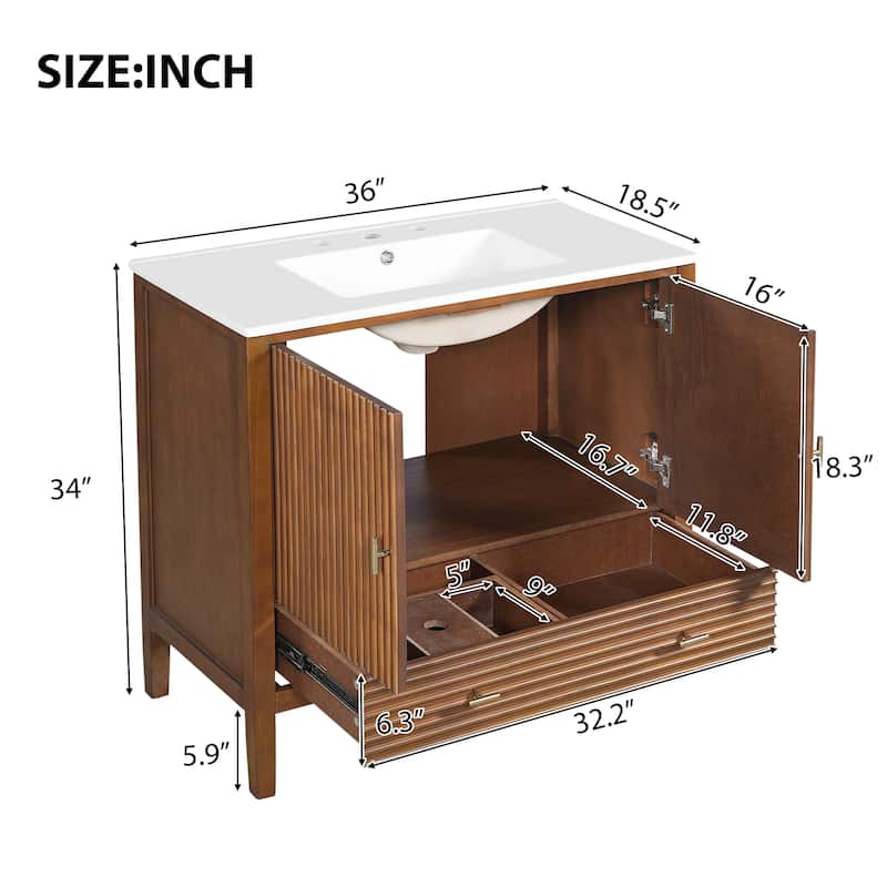 Christopher Knight Home - Mid-Century Freestanding Bathroom Vanity with Ceramic Sink, Flip-Up & Dual Drawers