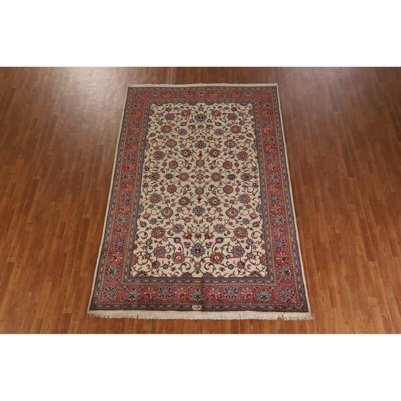 Hand Knotted Oriental 100% Wool Carpet Traditional All-Over Beige & Ivories Sarouk Area Rug - 9' 10'' X 6' 7''