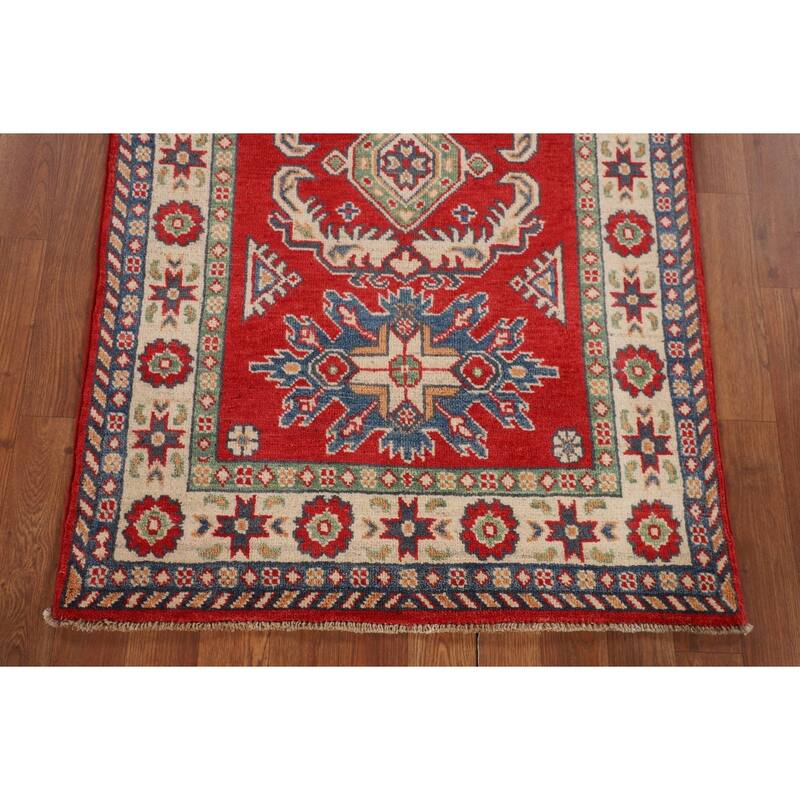 Geometric Red Kazak Foyer Rug Hand-Knotted Wool Carpet - 2'10" x 4'3"