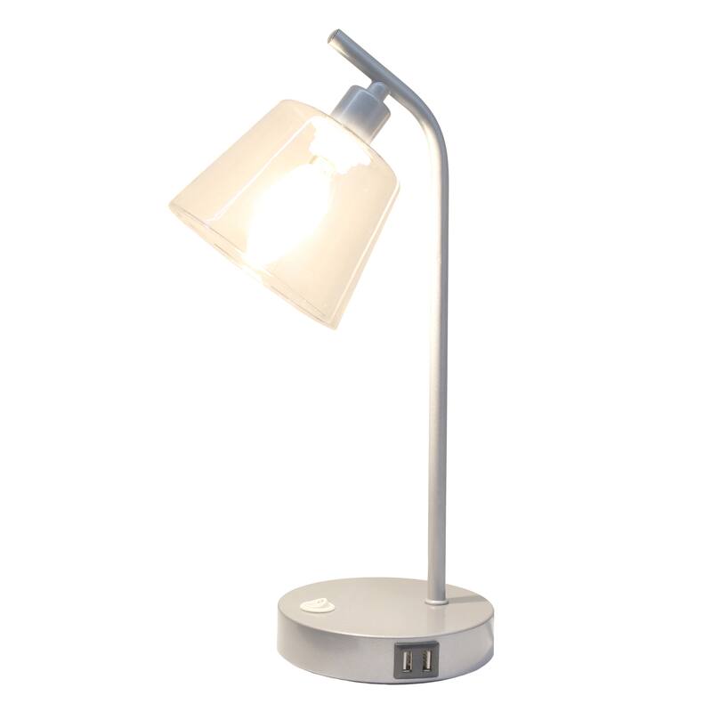 Modern Industrial Desk Lamp with Clear Glass Shade and Dual USB Charging Ports Multiple Colors - 8" (L) x 5.5" (W) x 15.75" (H)