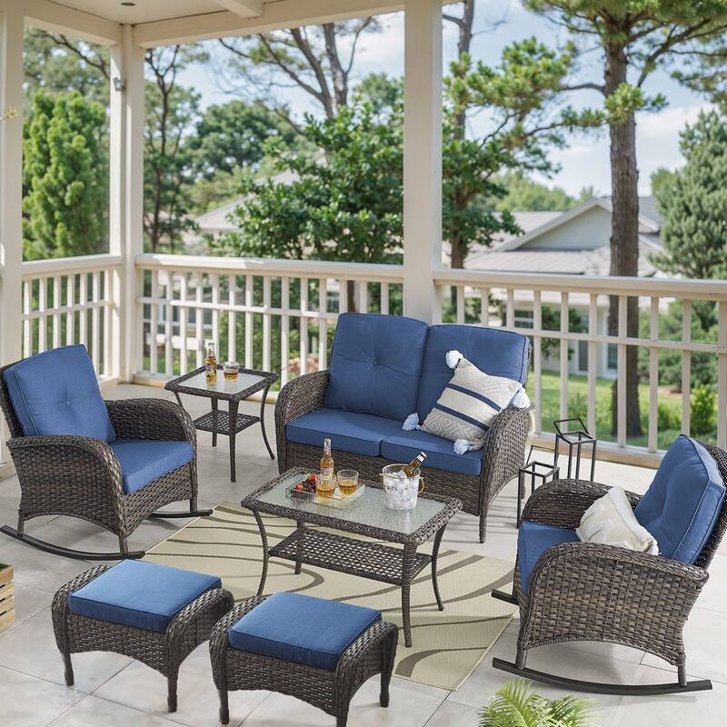 Outdoor Rocker Chair with Loveseat Table Ottomans - Brown - Blue