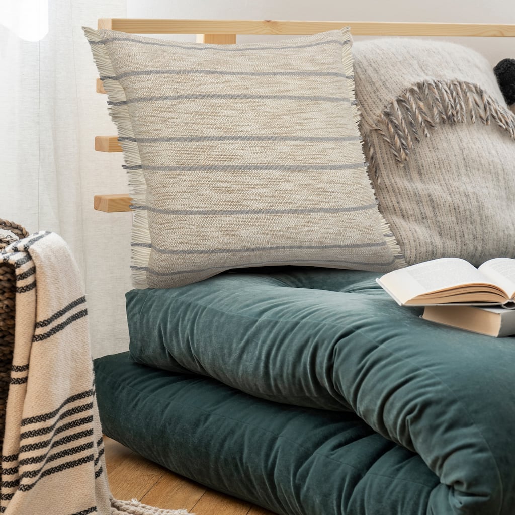 Sevita Coastal Cottage Minimalist Striped Throw Pillow with Fringe