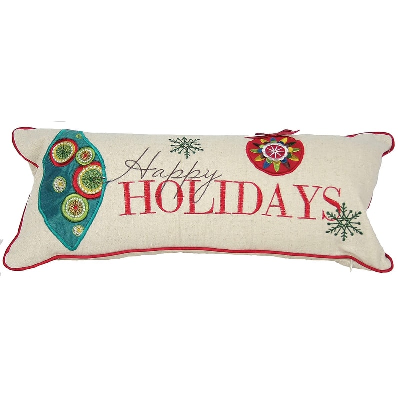 8" X 18" Beige and Red Christmas Ornaments Linen Blend Zippered Pillow With Embroidery