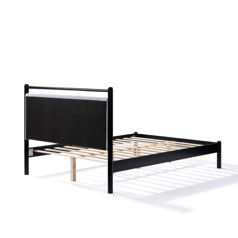 Classic Wooden Platform Bed Frame with Light Grey Fluffy Headboard