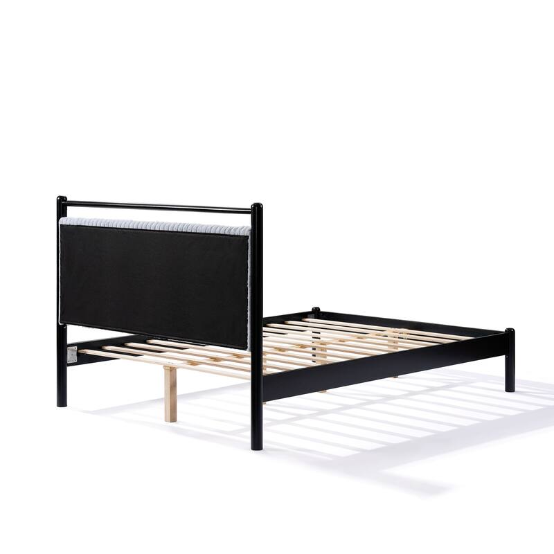 Full size Wood Bed Frame with Fluffy Soft Headboard,Grey+Black Frame