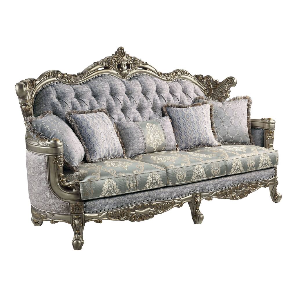 ACME Miliani Tufted Sofa with 5 Pillows in Blue and Antique Bronze