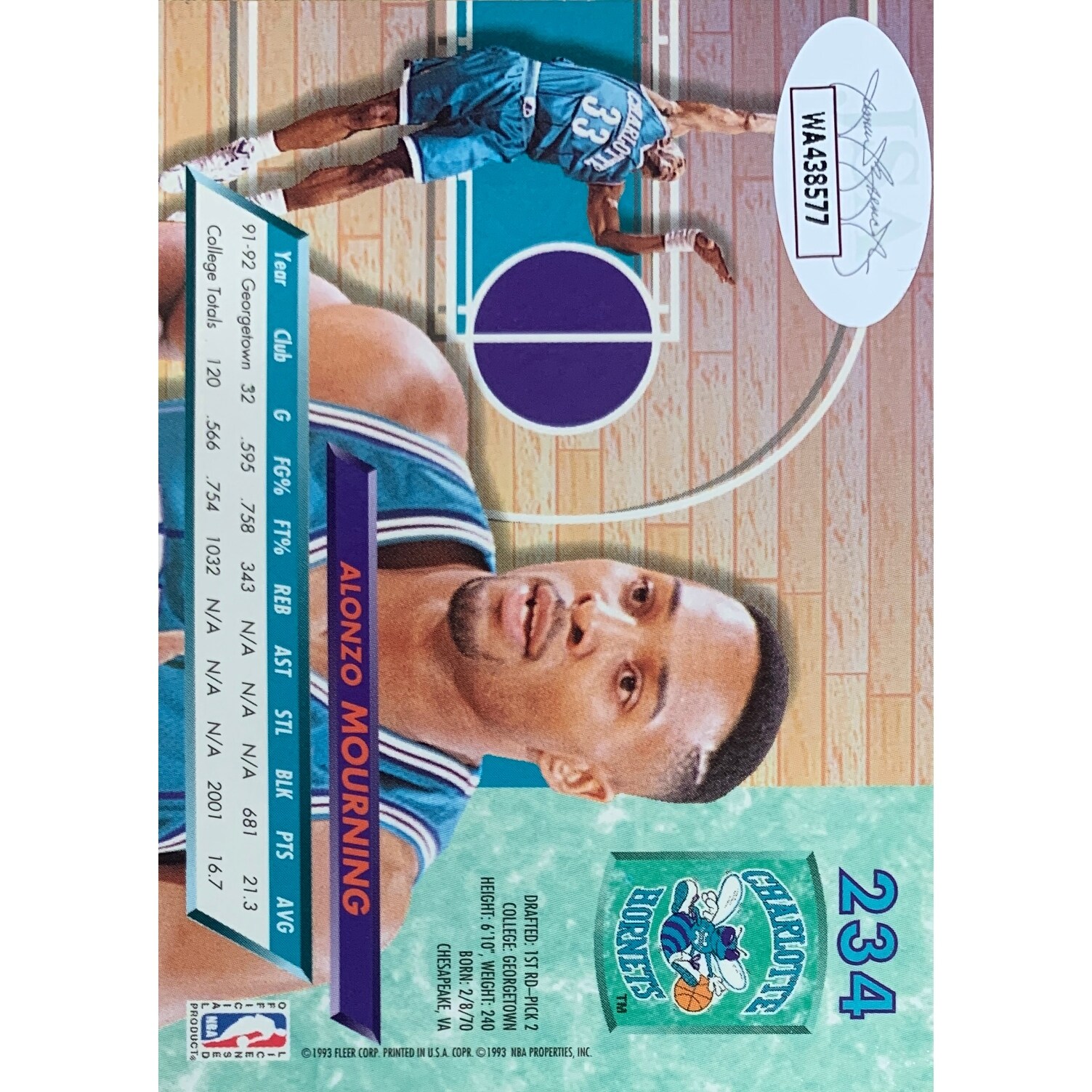 Alonzo Mourning Autographed 1992 Fleer Ultra Signed Basketball 