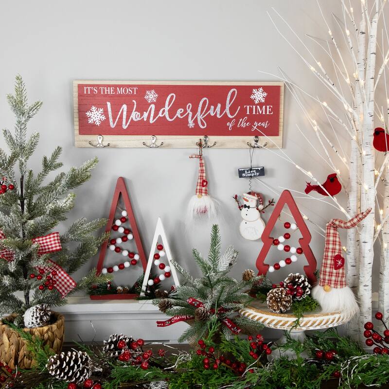 Wooden Trees with Beads Christmas Decorations - 11.75" - Red and White - Set of 3