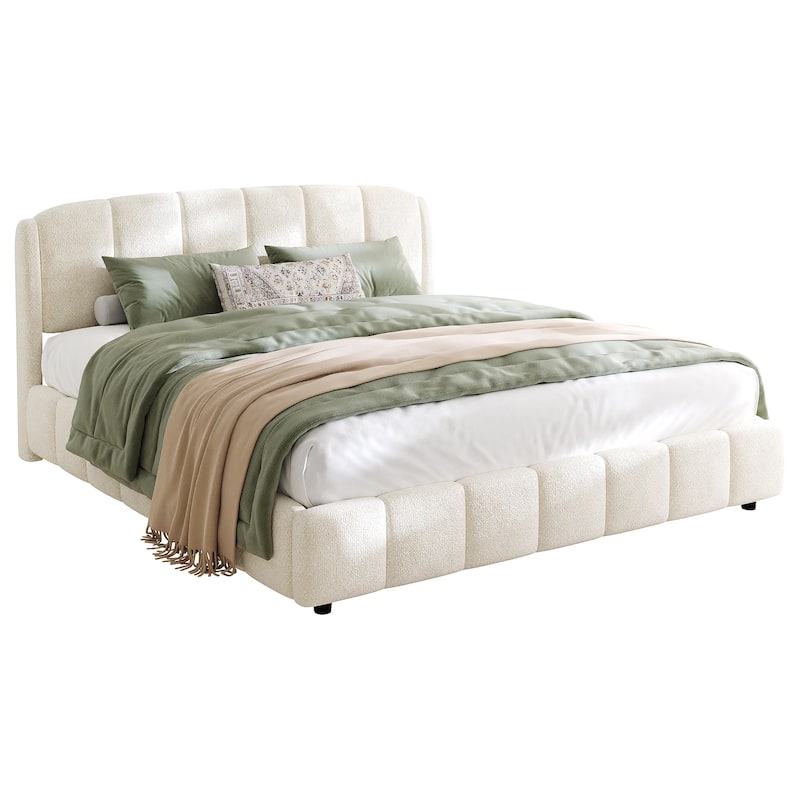Boucle Fabric Upholstered Bed Frame with Curveshaped Thick Headboard, Soft Fluffy Wingback Bed, Beige Low Profile Platform Bed