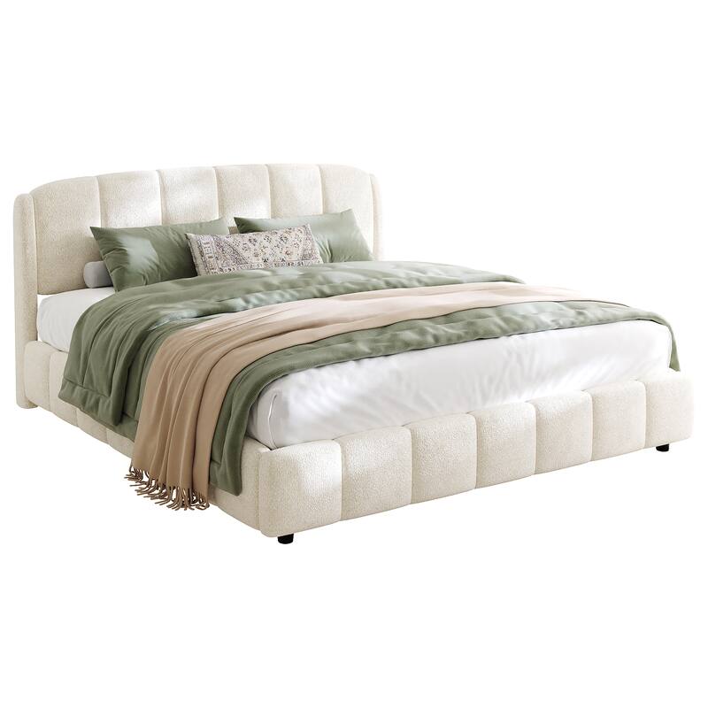 King Size Boucle Fabric Upholstered Platform Bed with Curved Headboard, Beige
