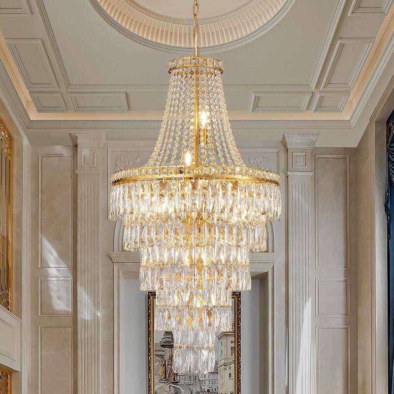 KAYLA High Ceiling Chandelier 13-Light Gold Modern Crystal Chandeliers Pendant Light Foyer Chandelier Fixtures - 550 - Gold