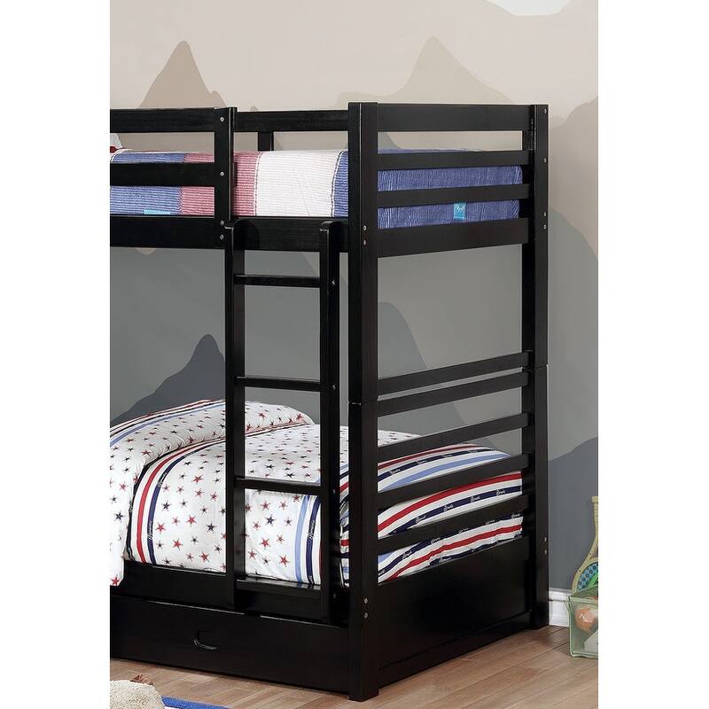 Classic Twin Over Twin Bunk Bed with Two Drawers and Attached Ladder, Black