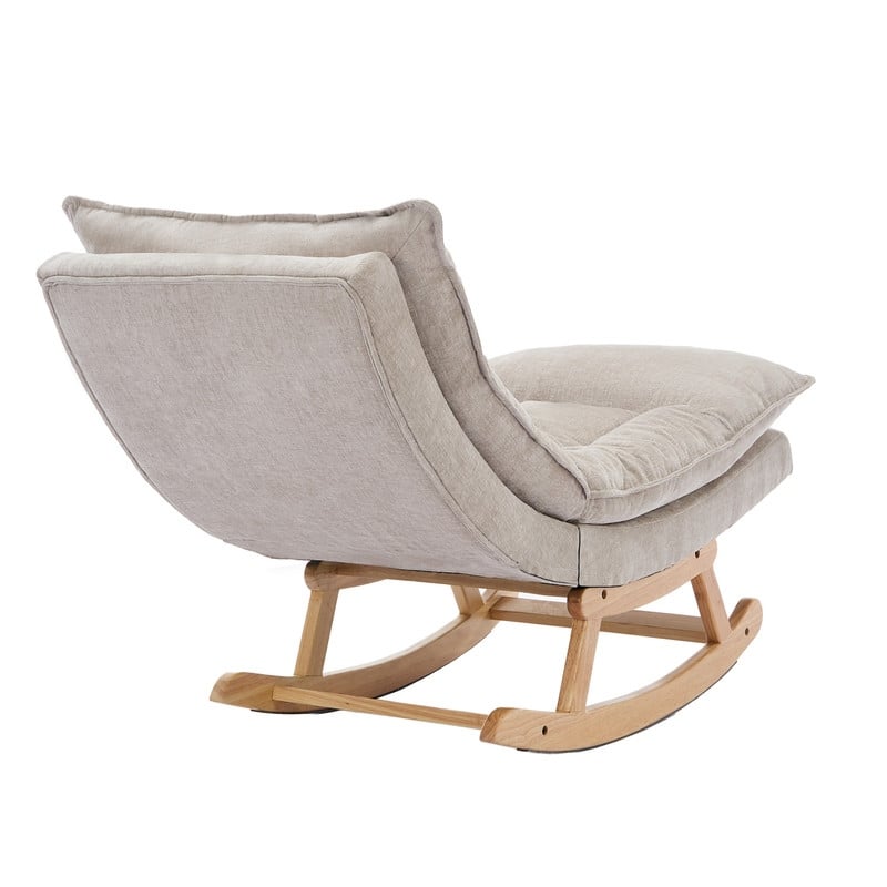 Fabric Upholstered Rocking Chair with Solid Wood Base and Hidden Footrest – Ergonomic Dual-Cushion Design