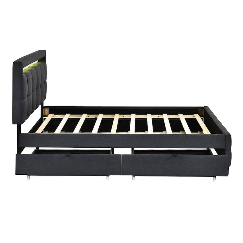 Queen Size Upholstered Platform Bed w/ LED Frame, Twin XL Size Trundle