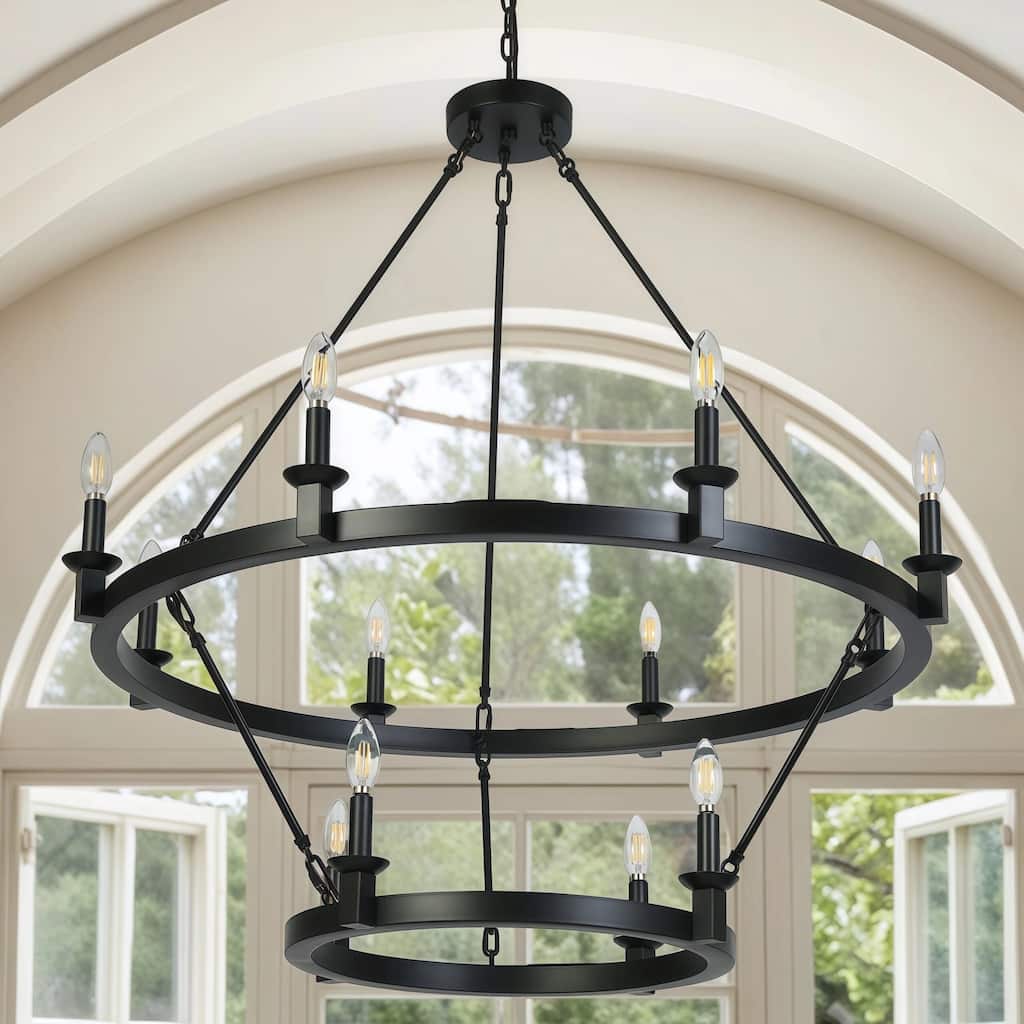 Modern Farmhouse Black 12-Light Large 2-Tier Wagon Wheel Chandelier - D 39.4" x H 41.3"
