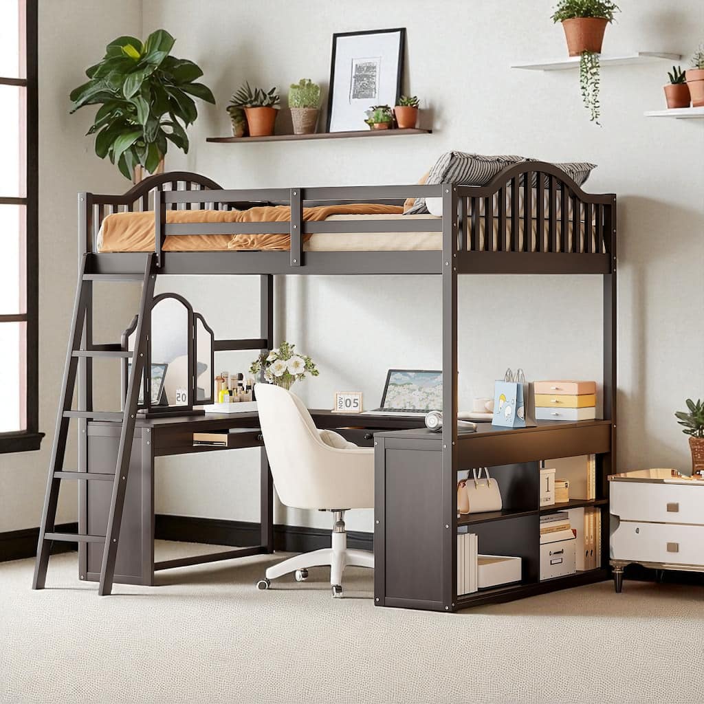 Full Size Wooden Loft Bed with U-Shaped Desk, 4 Compartments, 2 Drawers and Tri-Fold Mirror