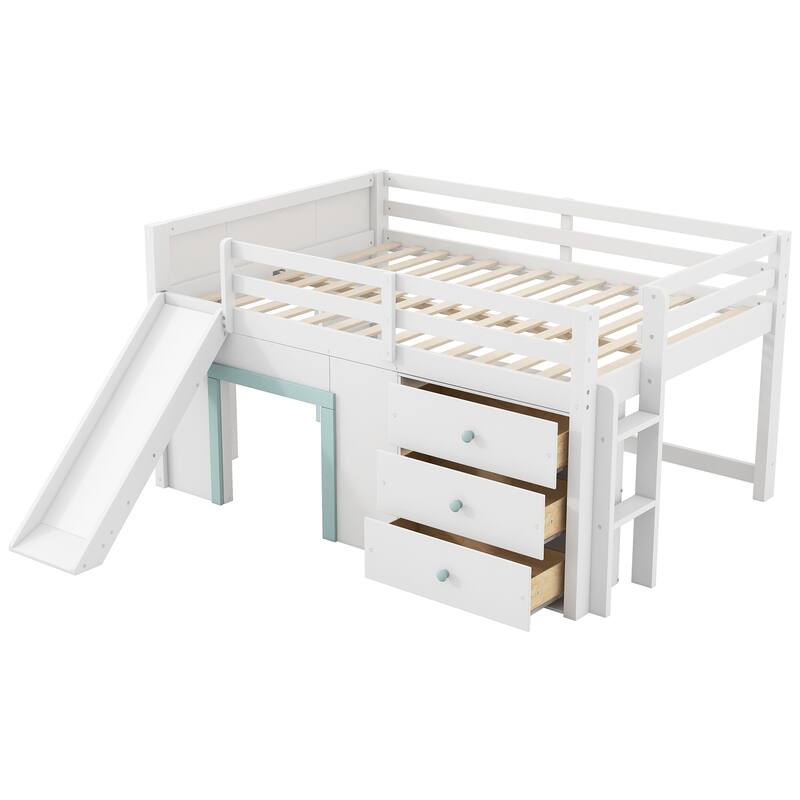 Full Size Low Loft Bed with Slide, Three Drawers, Two Doors, White