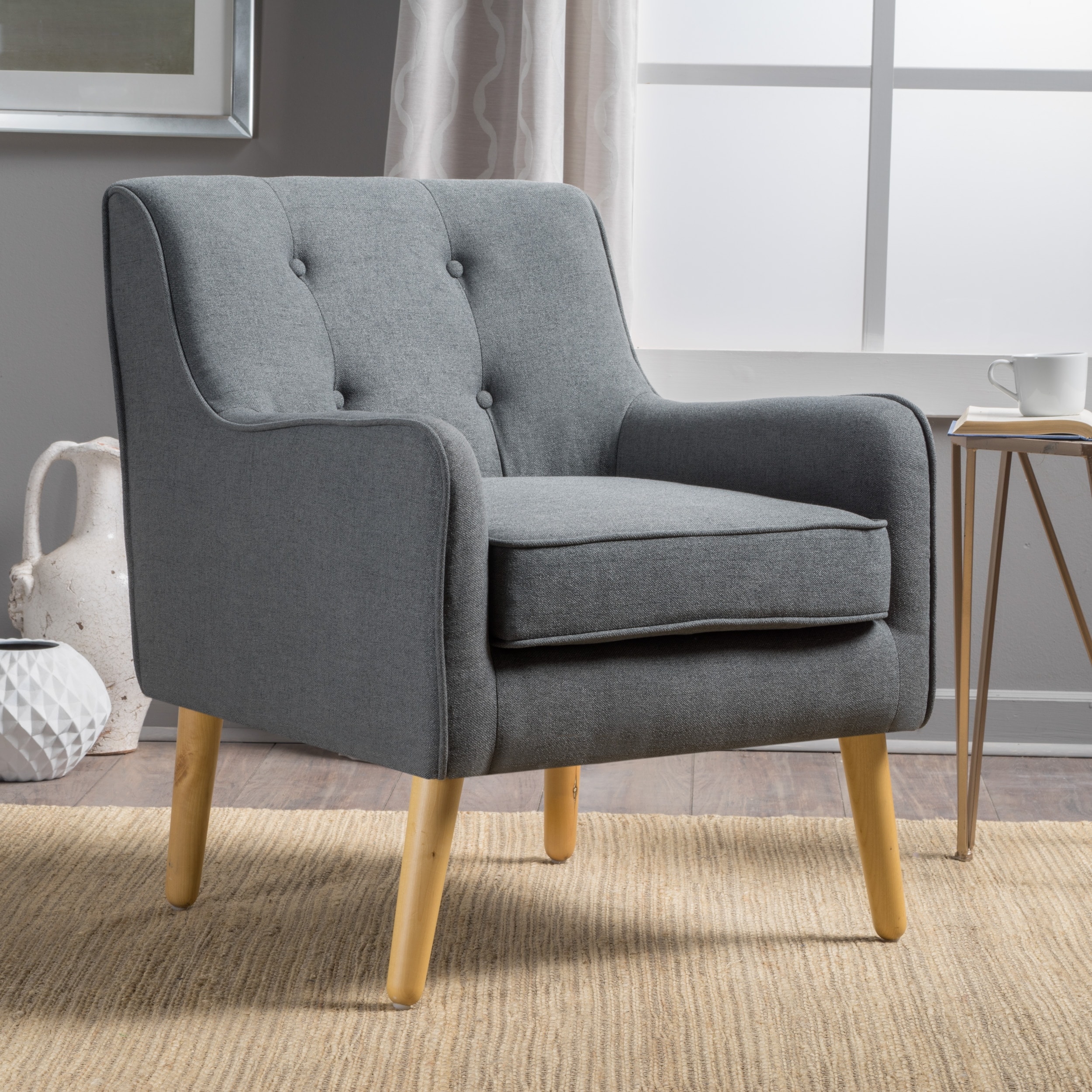 Roomfitters Upholstered Accent Armchair with Button Tufted Back and Wooden Legs, Modern Lounge Chair for Living Room or Bedroom