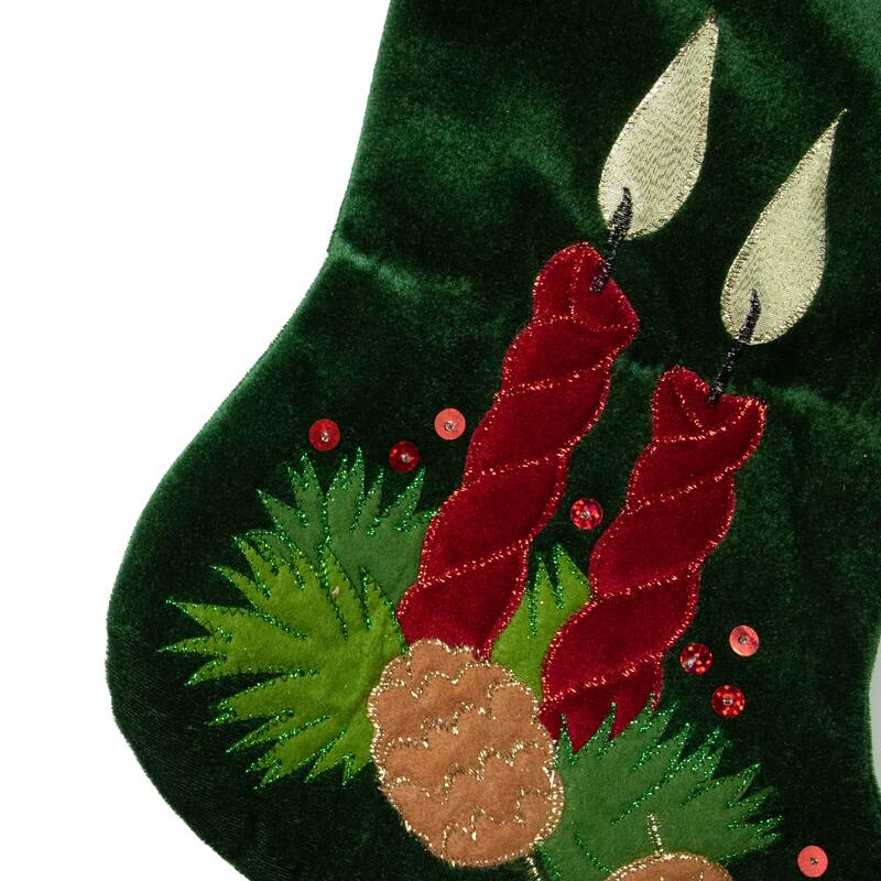 20" Dark Green Burgundy Candle Pine Cone Velveteen Christmas Stocking