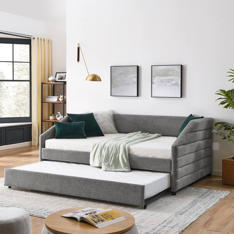 Full Size Linen Fabric Upholstered Daybed with Trundle Bed - Practical & Chic - Grey