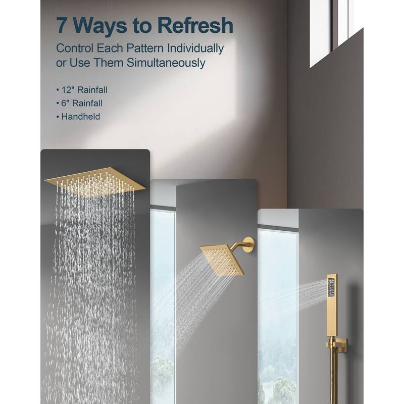 GRANDJOY Shower System 12 inch Ceiling and 6 inch Wall Mount Rainfall Dual Shower Heads with LED Handheld Spray Thermostatic