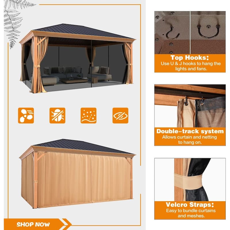 Outdoor Galvanized Steel Roof Gazebo Pergola w Wooden Coated Alumninum Frame, Privacy Curtains and Nettings Include