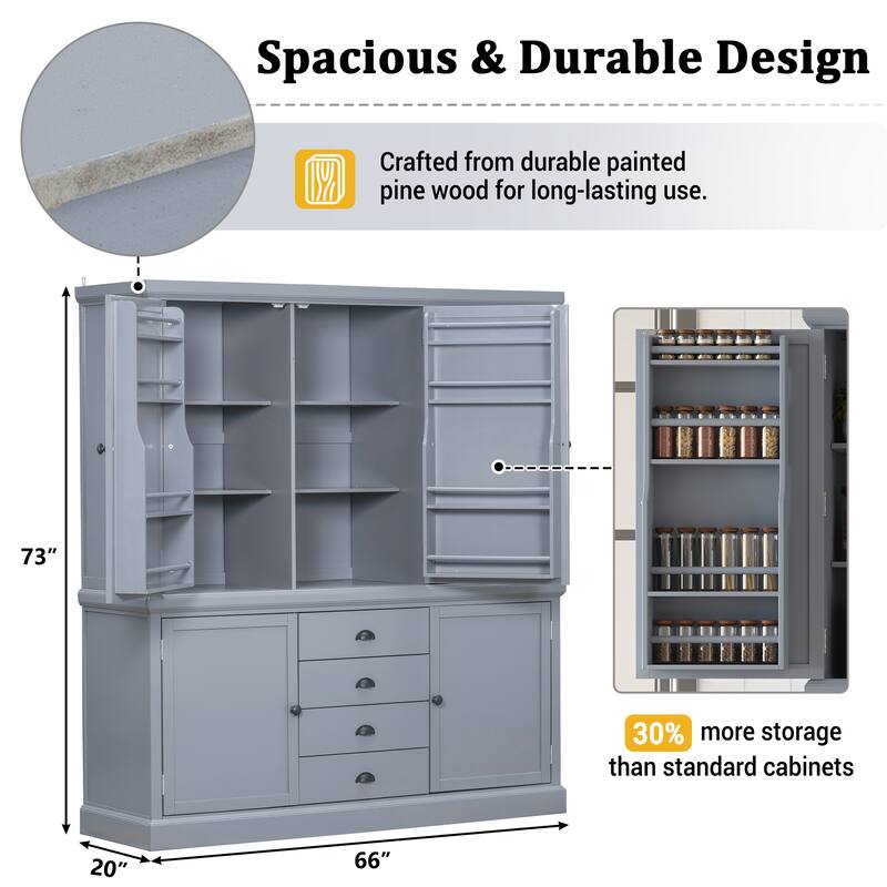 Roomfitters Kitchen Pantry Organizers and Storage Kitchen Cabinet, Hutch with Microwave Stand, 4 Drawers, Spice Racks