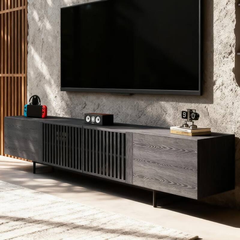 94.48 Inch Extra Long Black TV Stand with Slatted Doors, Modern Entertainment Center for TVs up to 100 Inches,