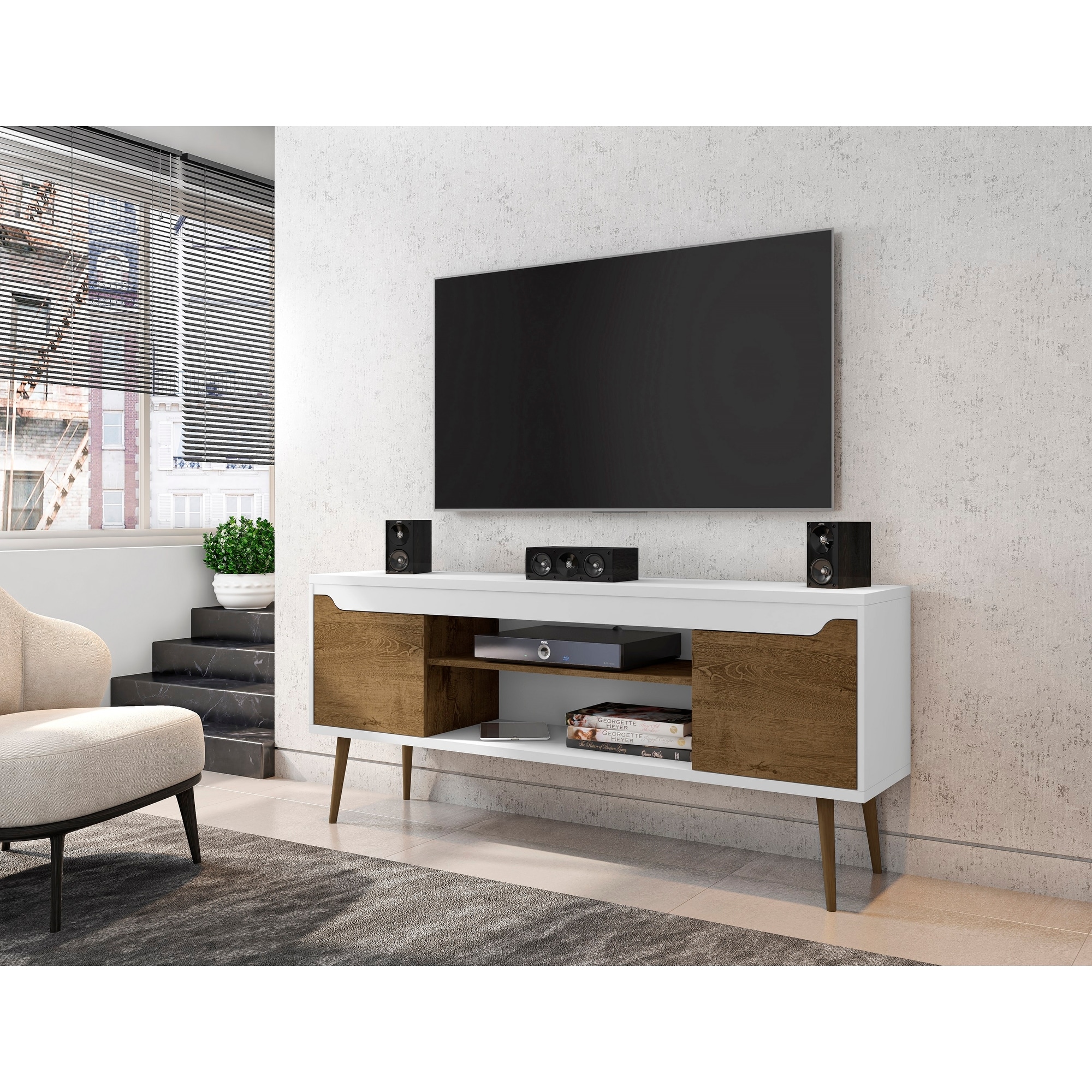 63 Inch TV Stand Rustic Brown White Finish Media Storage
