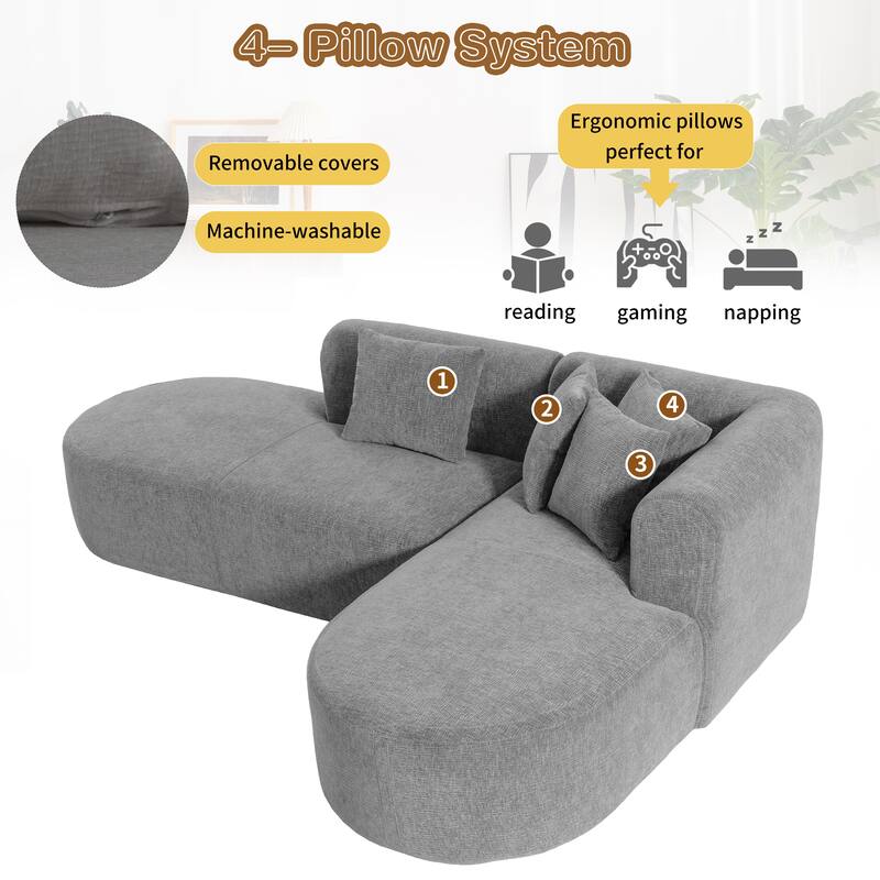 Curved Sectional Sofa with L-Shaped Chaise Lounge, Chenille Upholstered Cloud Sofa, 4 Seater Floor Sofa with 4 Pillows