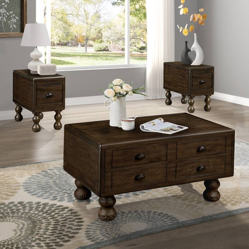 Antique Color Solid Wood Rectangle Coffee Table - Center Table with 4 Drawers