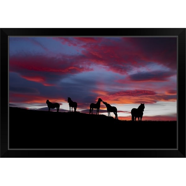 "Silhouette of horses at night Iceland" Black Framed Print