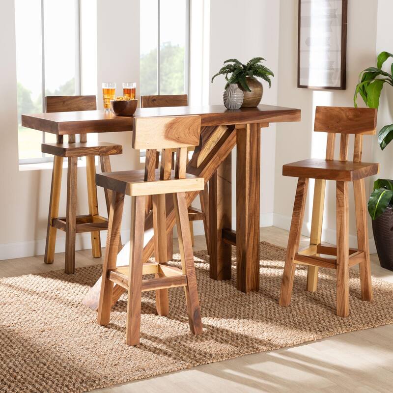 Luli 5-Piece Suar Wood Bar Table Set - Modern Bar-Height with Sculptural Table, Handcrafted Natural Wood Furniture for Kitchen