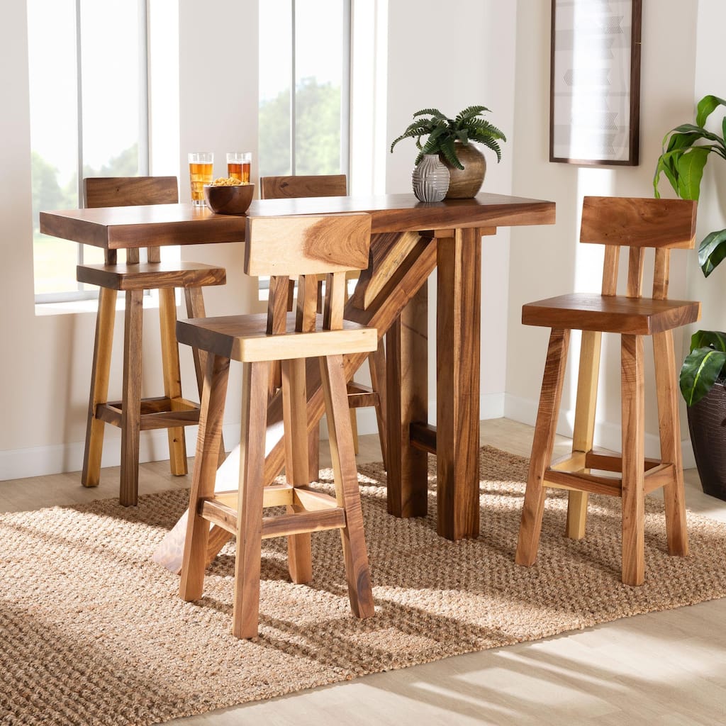 Luli 5-Piece Suar Wood Bar Table Set - Modern Bar-Height Set with Sculptural Table, Handcrafted Natural Wood Furniture