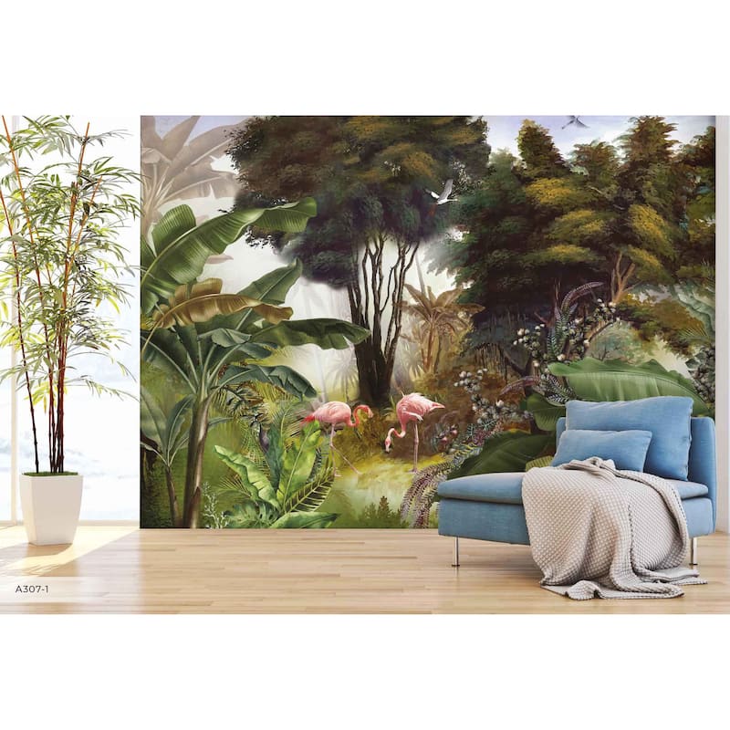 Exotic Jungle Mural Vibrant Flamingos and Tropical Foliage Design