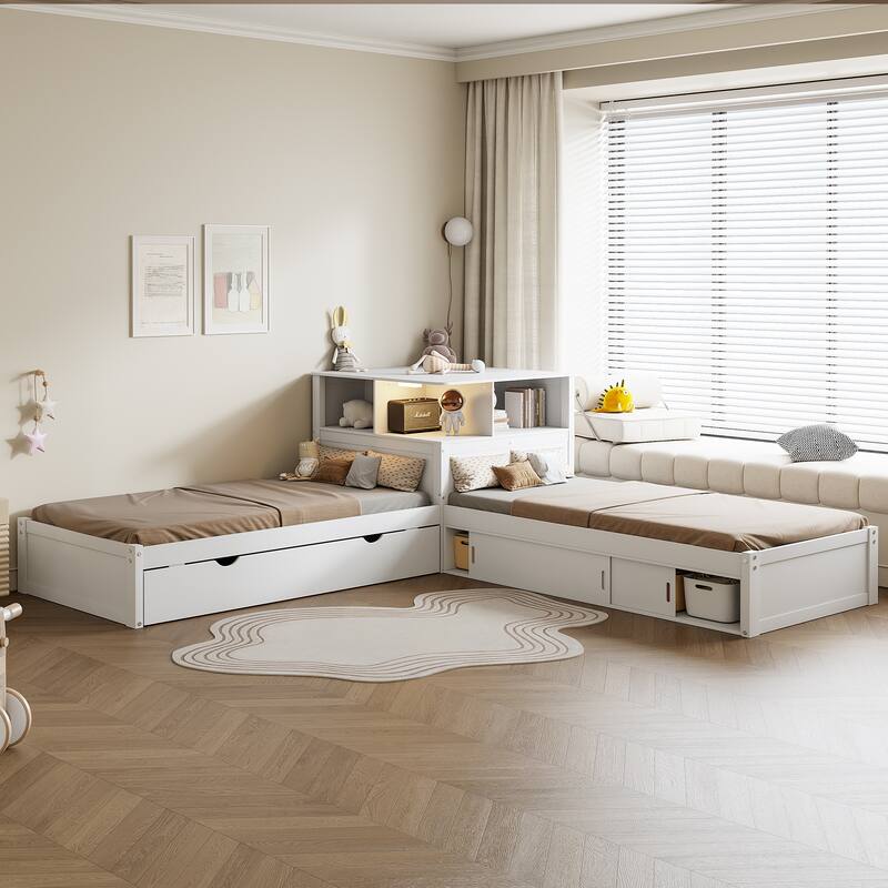 Twin Size L-shaped Bed Frame with Trundle Bed and Storage Cabinets, Desk, Lighting, Corner Platform Storage Bed Frame