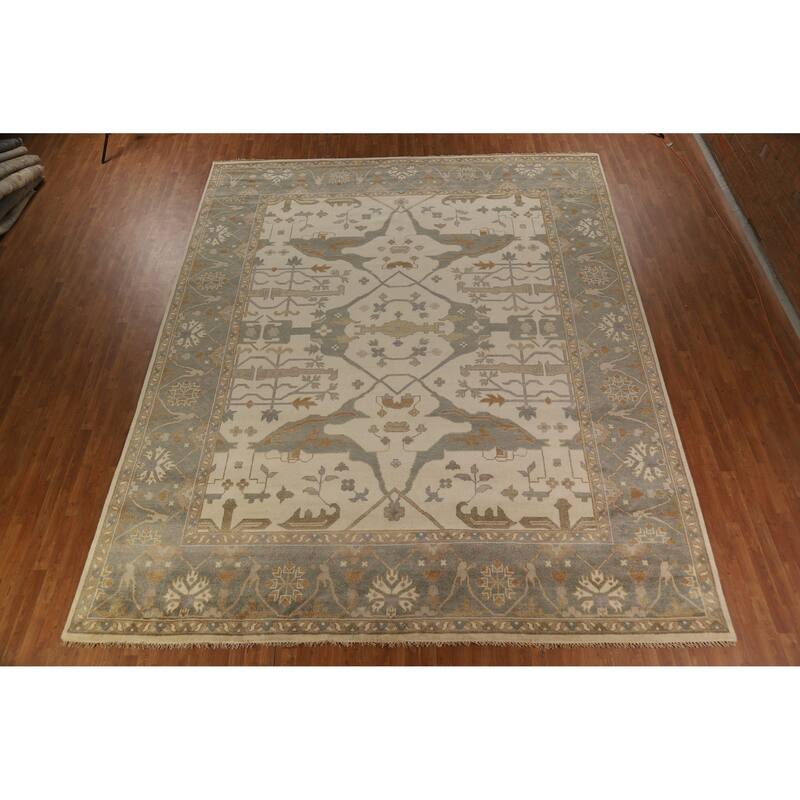 Earth Tone Oushak Indian Large Rug Hand-Knotted Wool Carpet - 12'2" x 14'10"