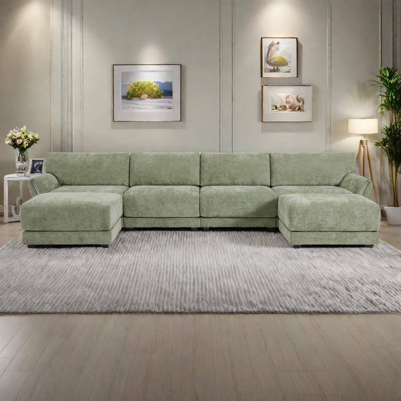 142" Chenille U-Shaped 6-Seater Sectional Sofa with USB/Type-C Charging, Petal Armrests and Free-Move Ottoman - Green
