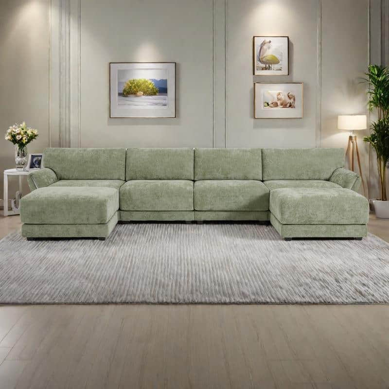 142" Chenille U-Shaped 6-Seater Sectional Sofa with USB/Type-C Charging, Petal Armrests and Free-Move Ottoman