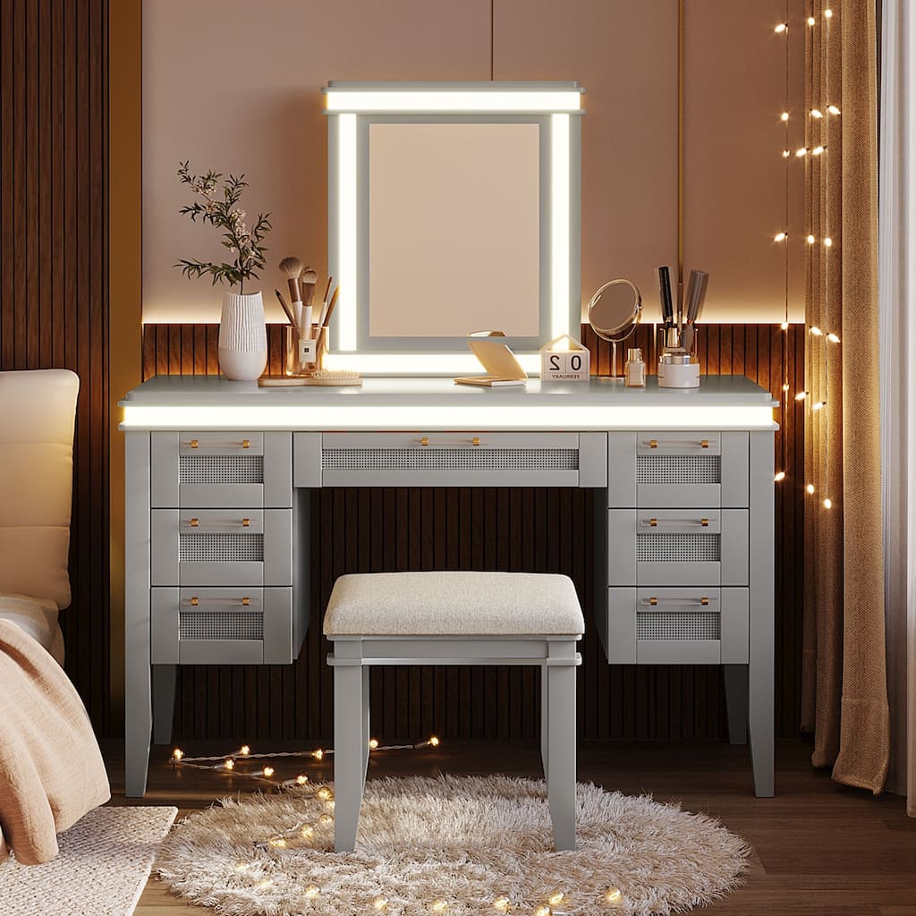 Vanity Desk with LED Lighted Mirror, Large Makeup Vanity Table, Dressing Table Set with 7 Drawers & Cushioned Stool