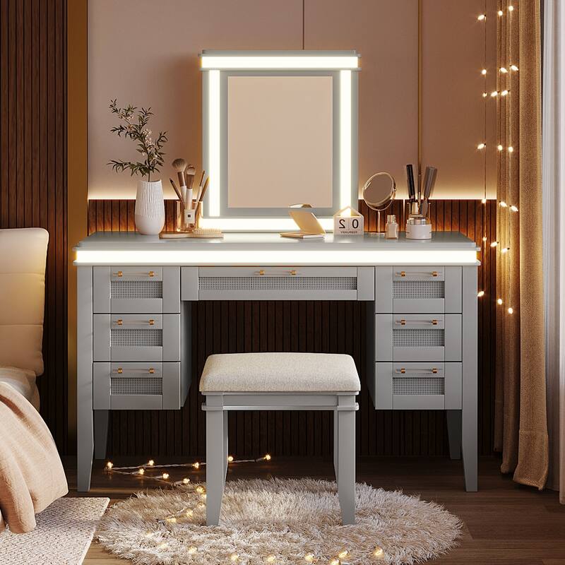 Vanity Desk with LED Lighted Mirror, Large Makeup Vanity Table, Dressing Table Set with 7 Drawers & Cushioned Stool - Grayish Blue