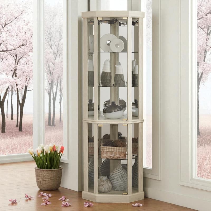 Corner Lighted Glass Curio Cabinet with Doors, Shelves and Mirrored Back for Display and Storage - Antique White