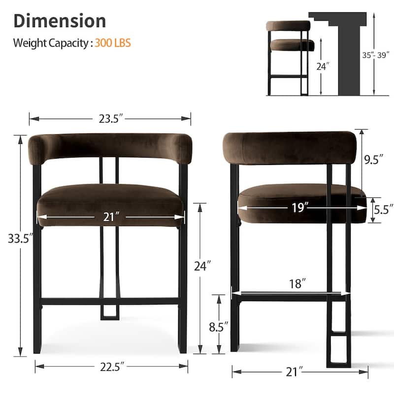 24" Seat Height Upholstered Velvet Solid back Counter Stool (Set of 4)