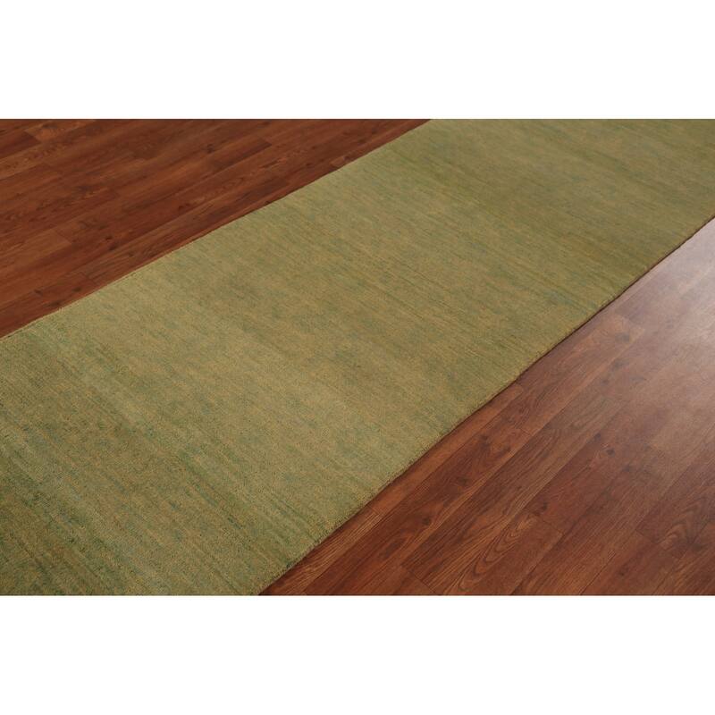 Green & Yellow Modern Gabbeh Runner Rug Handmade Wool Carpet - 2'8" x 9'6"