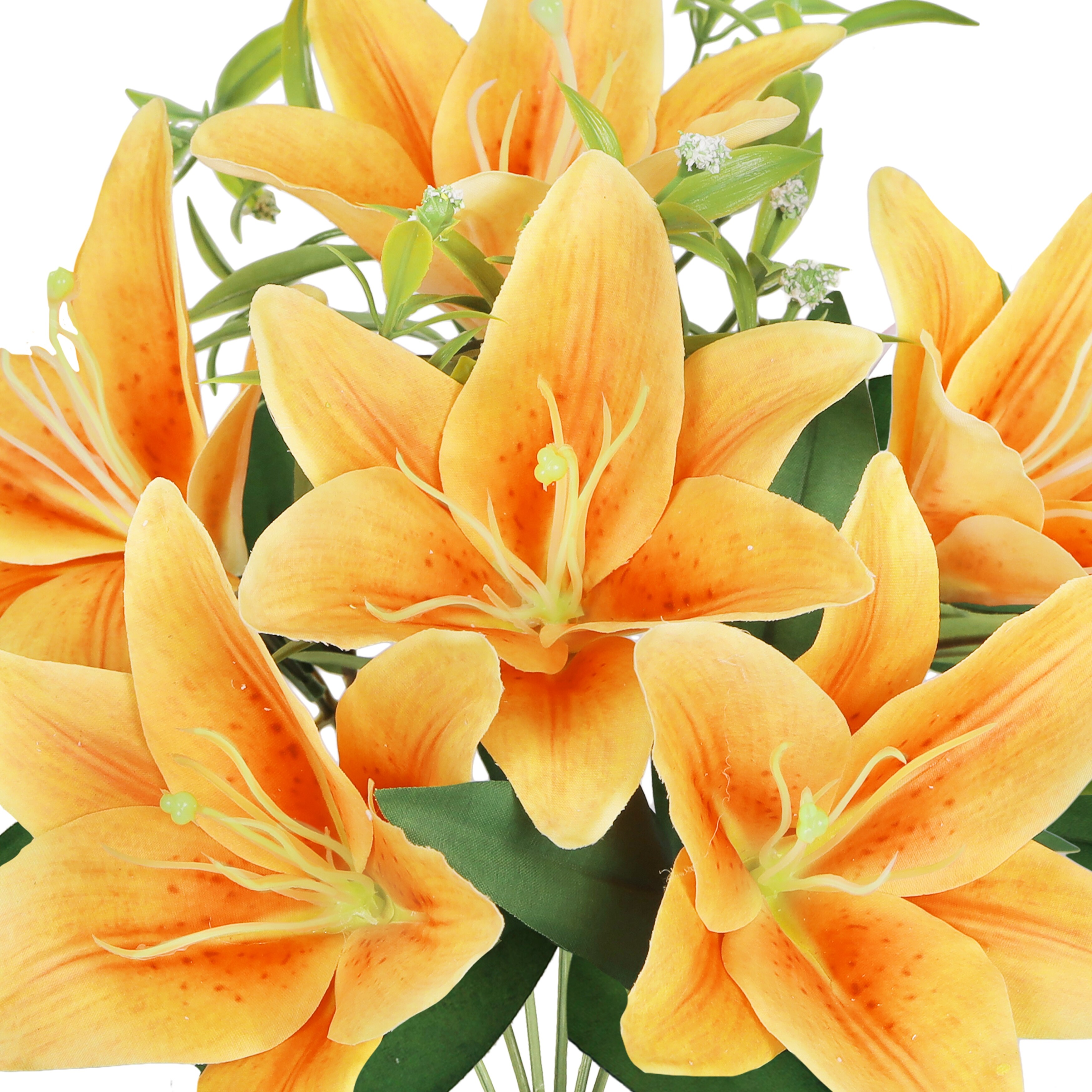 Set of 4 Orange Artificial Stargazer Lily Flower Stem Bush Bouquet