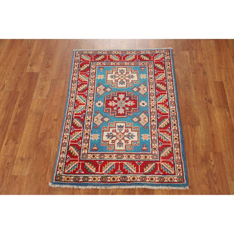 Geometric Kazak Oriental Foyer Rug Handmade Blue Wool Carpet - 2'0"x 3'0"